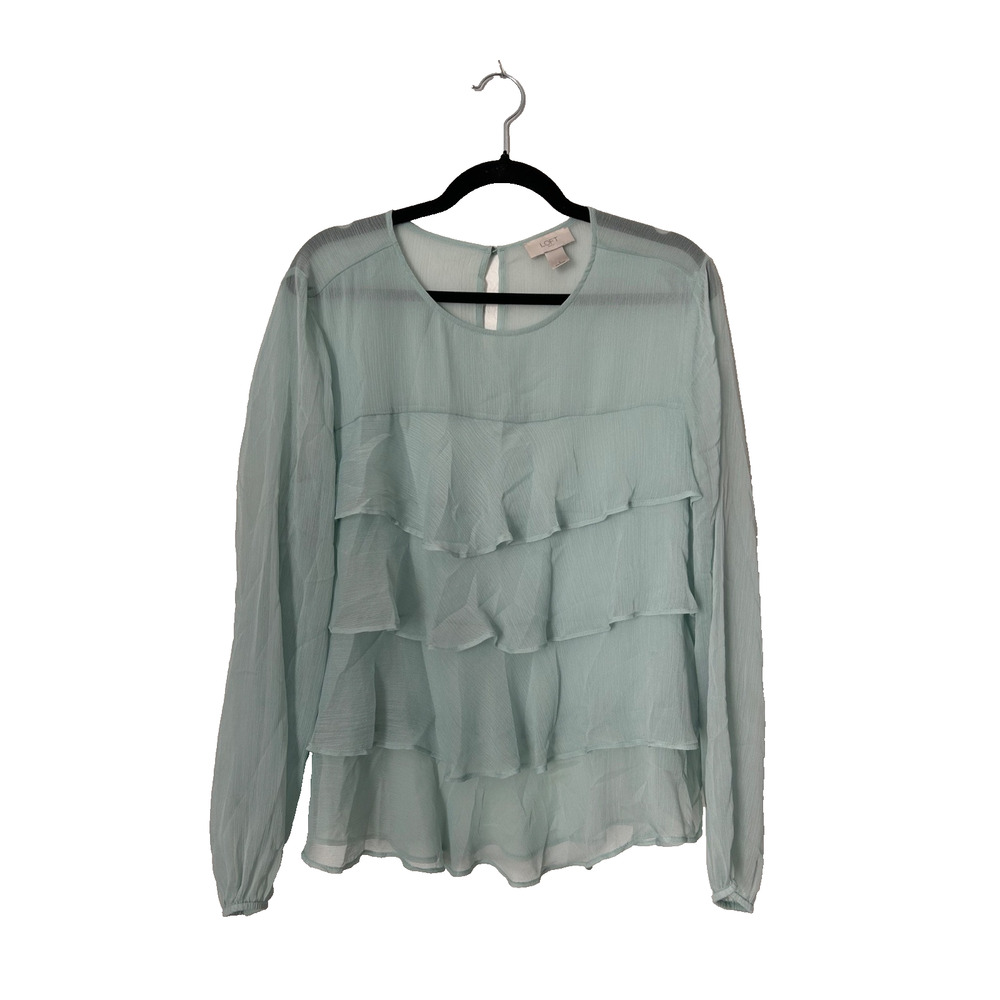 Loft Top Size L Seafoam Green Sheer Tiered Ruffle Long Sleeve Blouse Feminine